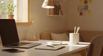 Cozy home office setup with laptop notebooks and natural light