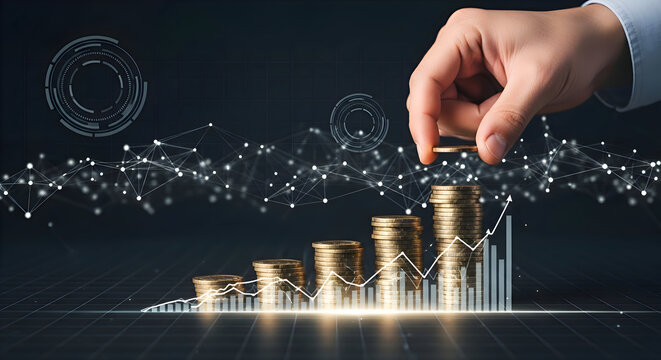 A hand placing a coin on a stack with a rising graph and futuristic network on a dark background