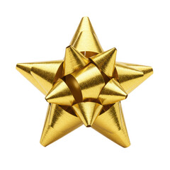 A meticulously crafted, golden, star-shaped gift bow made from highly reflective ribbon material, showcasing a polished metallic sheen and finely woven texture, centrally placed on a transparent