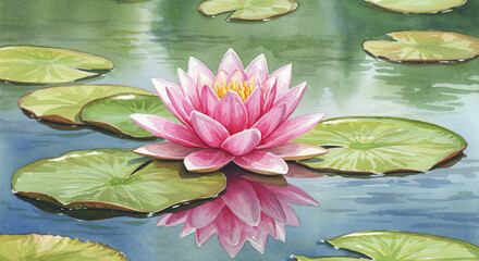 Watercolor giant pink lotus blooming on calm lake with mist and soft morning light