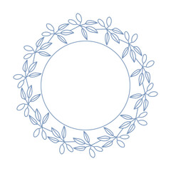 Blue olive branch wreath on white background. Botanical round frame template.