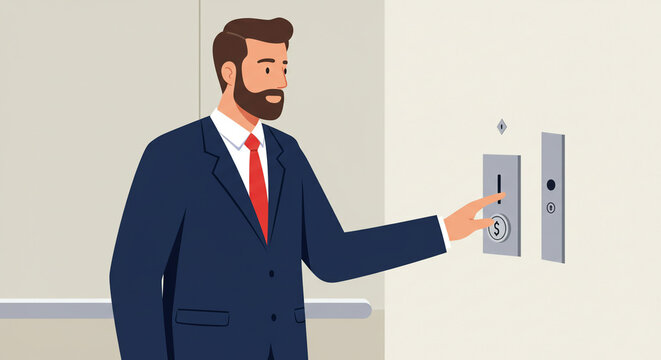 A man in a suit is pressing a button on a wall next to an elevator door panel - Powered by Adobe