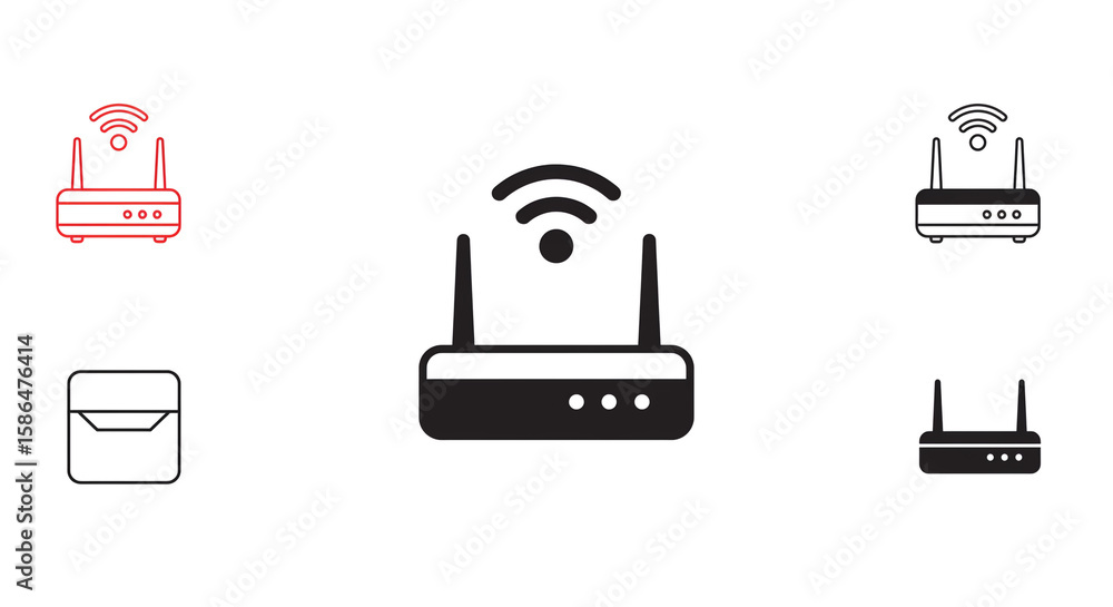 Poster illustration of multiple wifi routers and a small box on a white background