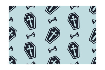 Dark blue coffins with crosses bow ties scattered on a light blue Pattern vector