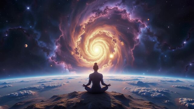 Buddha God Meditating on another planet with surreal cloudscape and cosmic portal to another dimension and realm of gods, fantasy background