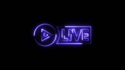 Neon glowing play button and live text animation on black background digital broadcast streaming media concept