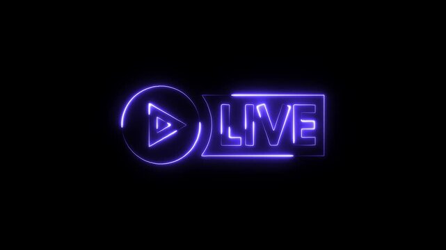 Neon glowing play button and live text animation on black background digital broadcast streaming media concept
