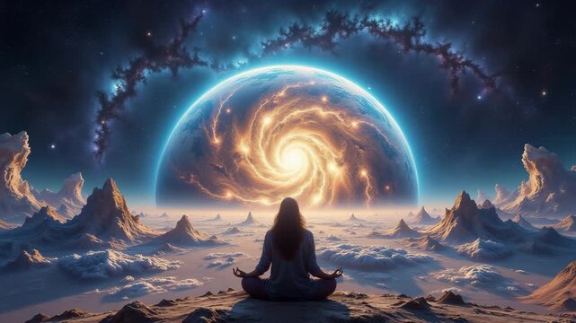 Person meditating on another Planet in front of the cosmic galactic portal, fantasy scene
