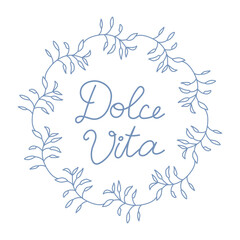 Blue branch with leaves wreath on white background. Botanical round frame template.