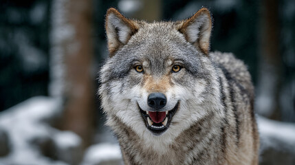 Obraz premium A wolf is staring at the camera with its mouth open