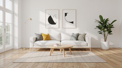 Modern living room interior design featuring a comfortable sofa abstract art and natural light from a window creating a peaceful atmosphere
