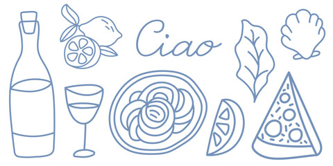 Italian hand drawn blue set with spaghetti, wine, lemon and pizza.