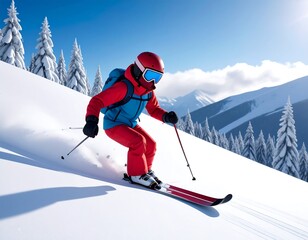 Skier carving snowy mountain slope
