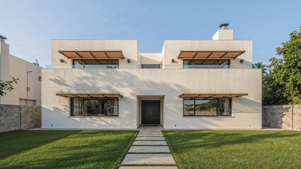 Modern luxury residential architecture exterior facade design with green lawn and wooden awnings under blue sky