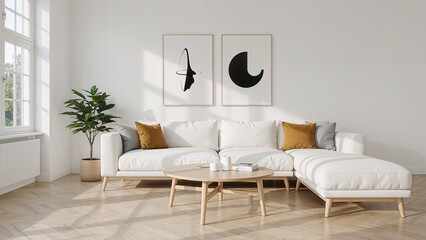Modern minimalist living room interior with a white sectional sofa contemporary abstract art and natural light creating a comfortable and stylish ambiance