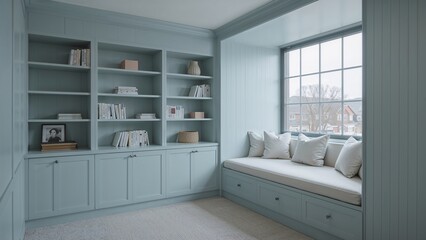 Serene blue reading nook with built in bookshelves and window seat in a cozy living room