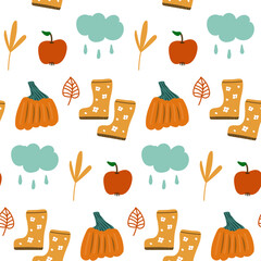 Rainy seamless pattern with autumn elements. Cute autumn pattern.