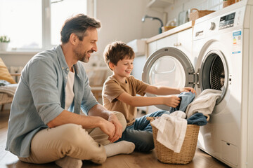 Father and Son Doing Laundry: A Bonding Moment