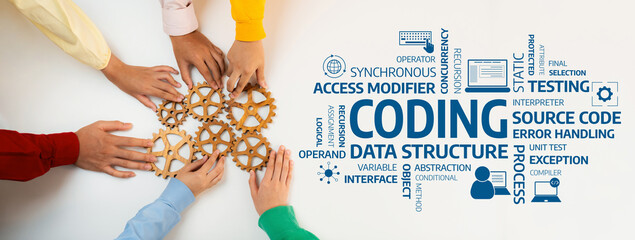 Hands collaboratively assemble gears, symbolizing teamwork in coding and software development,...
