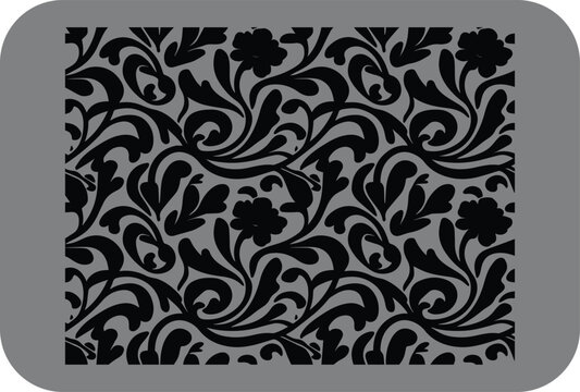 Elegant black floral damask pattern with swirling vines and leaves on a grey background perfect for decorative wallpaper or fabric