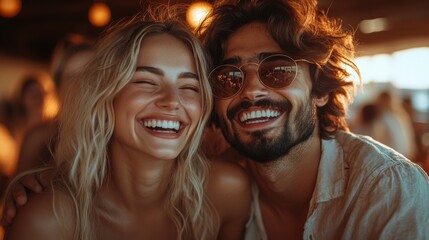 Smiling couple in a restaurant with a crowd of people