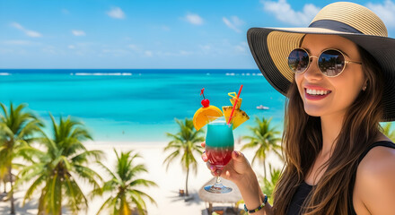 Woman with A Cocktail, Exotic Beach Vibes for Luxury Tourism Campaigns, resort promotions, digital ads, travel magazines, travel agency ads, tropical destination websites