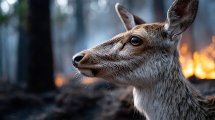 Deer in Forest Fire Scene Symbolizing Ecological Crisis