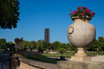 The Montparnasse Tower from the Luxembourg Gardens in Paris, France
