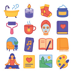 Self care icon collection. wellness, relaxation, meditation, spa, skincare, candle flat