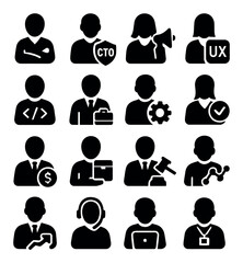 Team role icon collection. business team silhouette icons. developer, manager, cto, ux, engineer, analyst