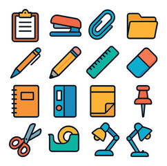 Office supplies icon collection. colorful stationery, tools, equipment, linear style