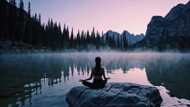 Woman Meditating in Nature by Serene Mountain Lake with Mist at Dawn Peaceful Yoga for Wellness and Mindfulness
