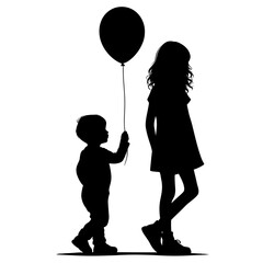 Silhouette of a small boy holding a balloon standing behind an older girl, calm mood, side view against white background with copy space