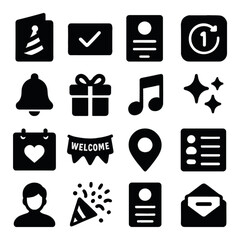 Event icon collection. celebration, reminder, invitation, music, welcome, gift silhouette
