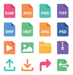 File icon collection: colorful, simple linear style. raw, jpeg, png, tiff, folder, arrow