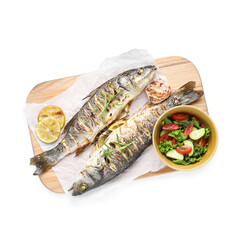 Tasty roasted seabass fish with salad and lemon isolated on white, top view. Homemade seafood dish