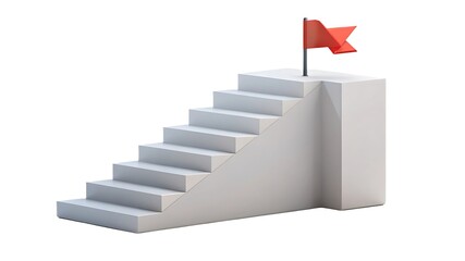 A minimalist white staircase with a red flag at the summit symbolizing achievement success and reaching goals on a clean white background