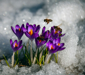 April bees collect pollen from the first flowers blooming in the snow.