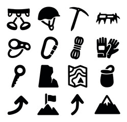 Obraz premium Climbing gear icon collection: simple silhouette helmet, carabiner, rope, map, mountain