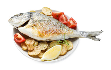 Tasty roasted dorado fish served vegetables and spices isolated on white, above view. Homemade...