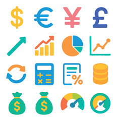 Financial icon collection: vibrant simple money, chart, currency, budget, growth, finance icons