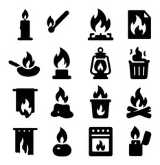 Flammable icon collection. simple fire, match, candle, stove, lantern, lighter silhouette