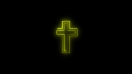 Glowing yellow neon cross on black background christianity