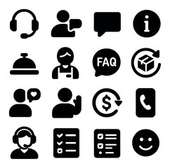Customer service icon collection. simple customer support silhouette headset, faq, chat