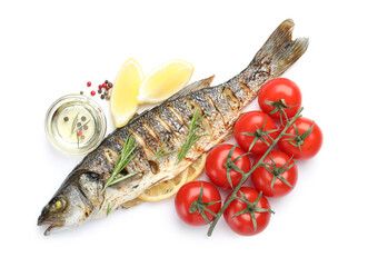 Tasty roasted seabass fish with spices and tomatoes isolated on white, top view. Homemade seafood dish