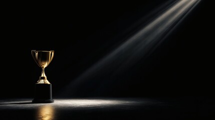 Golden trophy illuminated by dramatic spotlight on a dark stage