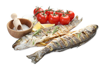 Tasty roasted seabass fish with spices and tomatoes isolated on white. Homemade seafood dish