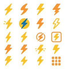 Electric power icon collection: energy symbols, lightning, battery, plug, socket silhouette