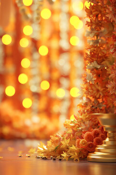 Orange marigold garlands with warm bokeh lights. Indian wedding concept.