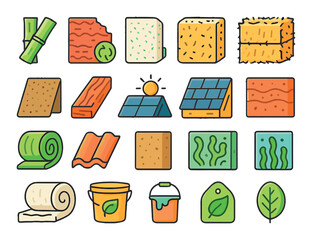 Eco material icon collection. sustainable building flat icons: bamboo, cork, soil, solar panel